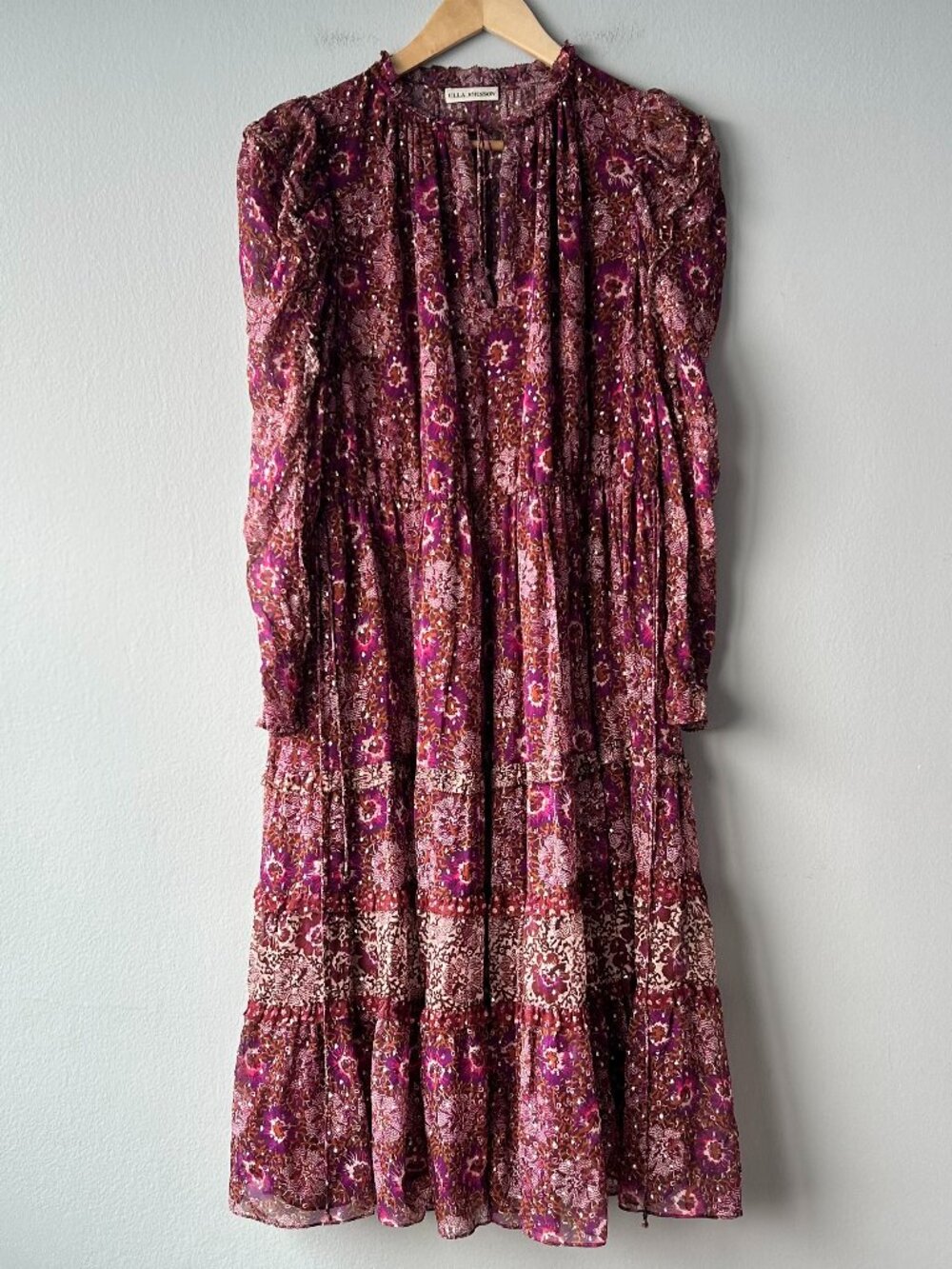 Ulla Johnson Alessandra Silk Lurex Floral Tiered Midi Dress Long Sleeves Size 6 - Picture 2 of 9